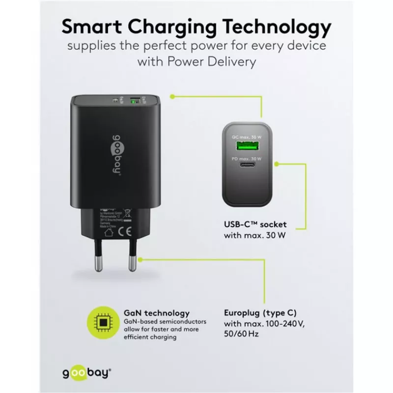 Goobay USB-C PD GaN Dual Fast Charger 30 W must (75335)