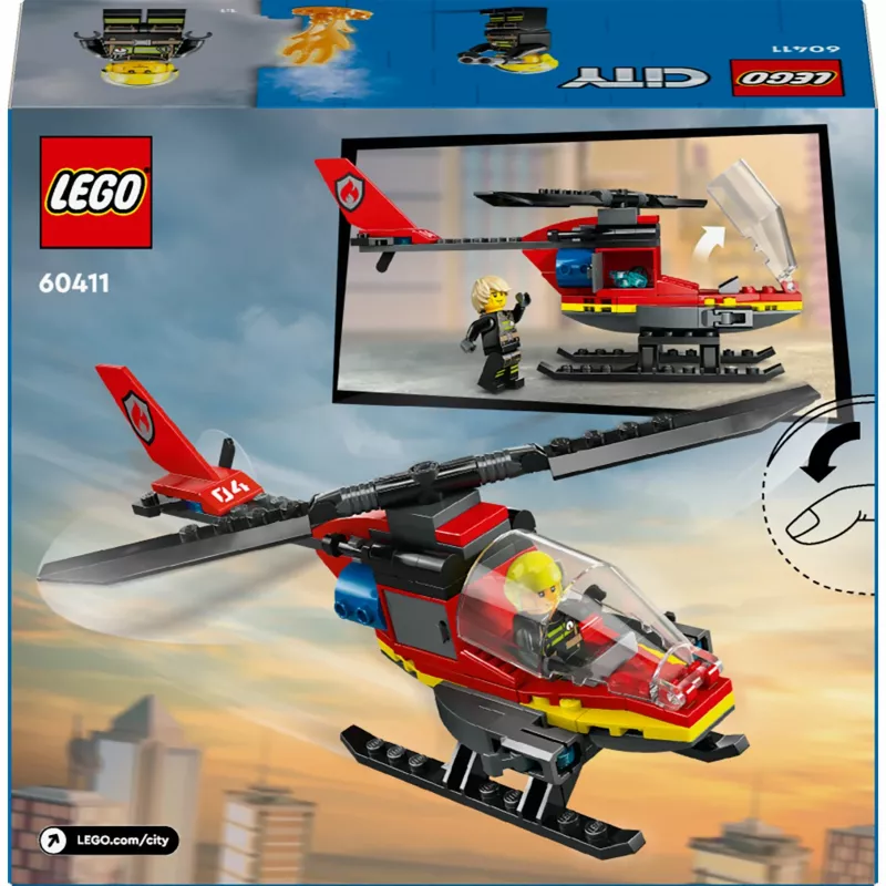 LEGO City tuletõrjekopter 60411 ehitusmänguasi, 85 tükki, pöörlevad labad, 1 minifiguur, vanus 5+ (220×90×60 mm)