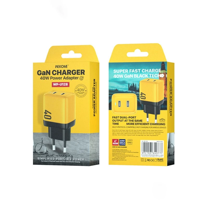 Võrgulaadur WEKOME WK-WP-U128 2x USB-C GaN ülikiire laadur