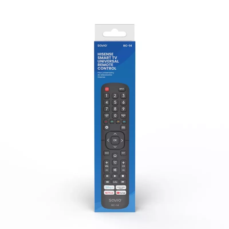 Universaalne kaugjuhtimispult SAVIO RC-14 Hisense Smart TV-le, IR-juhtmevaba, toetab 14 seadet, ulatus kuni 10 m, must