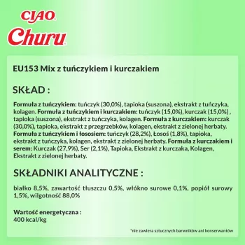 Märjad kassimaiused INABA Churu variatsioonid — kana ja tuunikala, 50 x 14 g pastatuubi, teraviljavaba, gluteeni- ja suhkruvaba