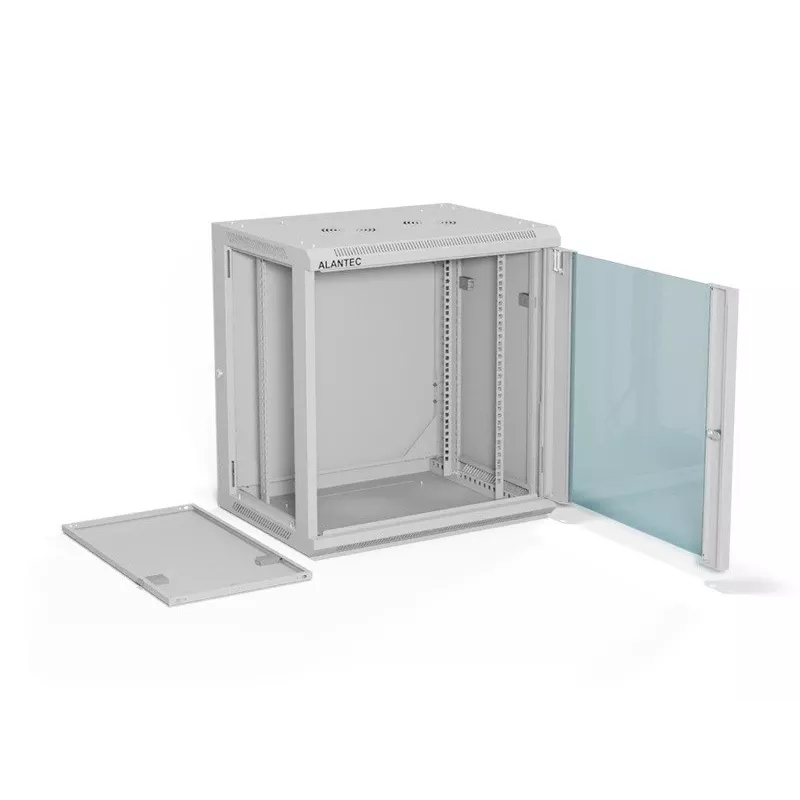 Seinale paigaldatav 19-tolline kapp Alantec 12U 600x450 mm, ühe klaasuksega, eemaldatavate tagumise ja külgpaneelidega, lukustatav, 4 paigaldussiini, hall, lamepakend