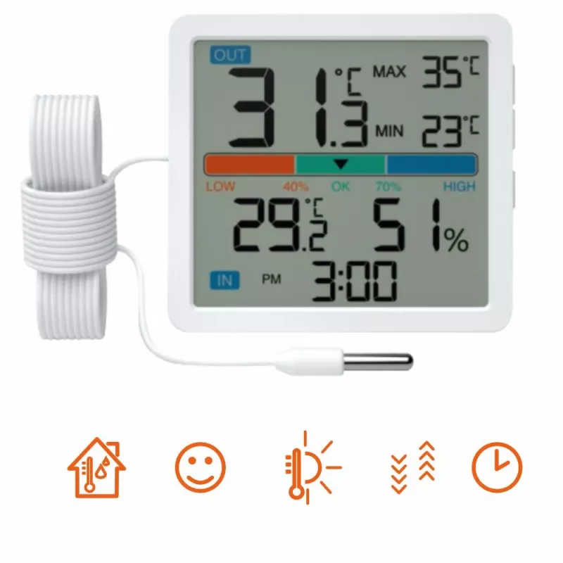 Termomeeter‑hügromeeter MANTA MTO002W välisanduriga (150 cm), siseruumides 0–+50°C, välistingimustes -40–+70°C, õhuniiskus 20–95% RH, mugavusindikaator, kell
