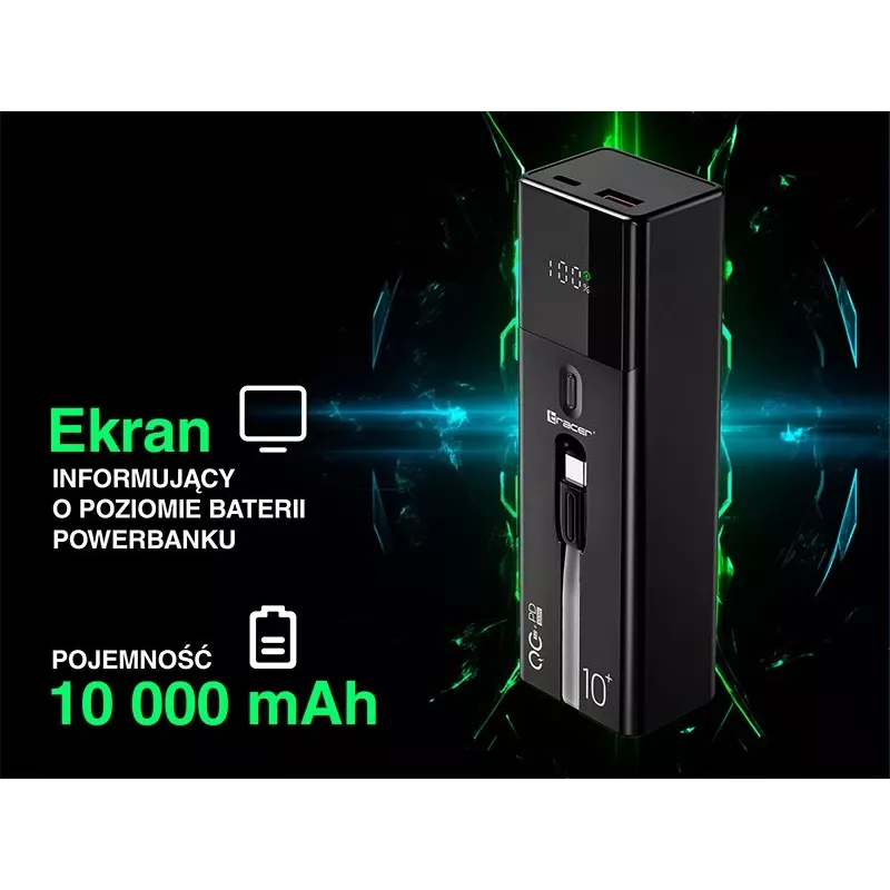 Kaasaskantav akupank TRACER Quant 10000 mAh Li-Ion, PD ja QC3.0, 3 porti (2×USB-C, 1×USB-A), 100W, must
