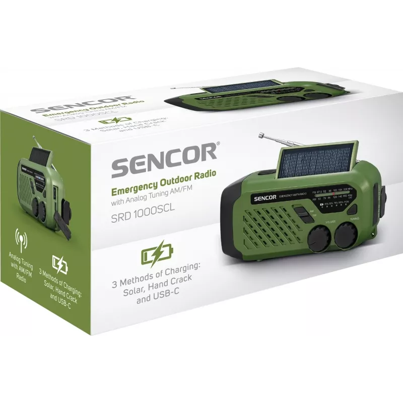 Kaasaskantav FM/AM-raadio SENCOR SRD1000SCLGR, Bluetooth, päikese-/vänt-/USB-C-laadimine, 2000 mAh aku, IPX4, LED-tuled