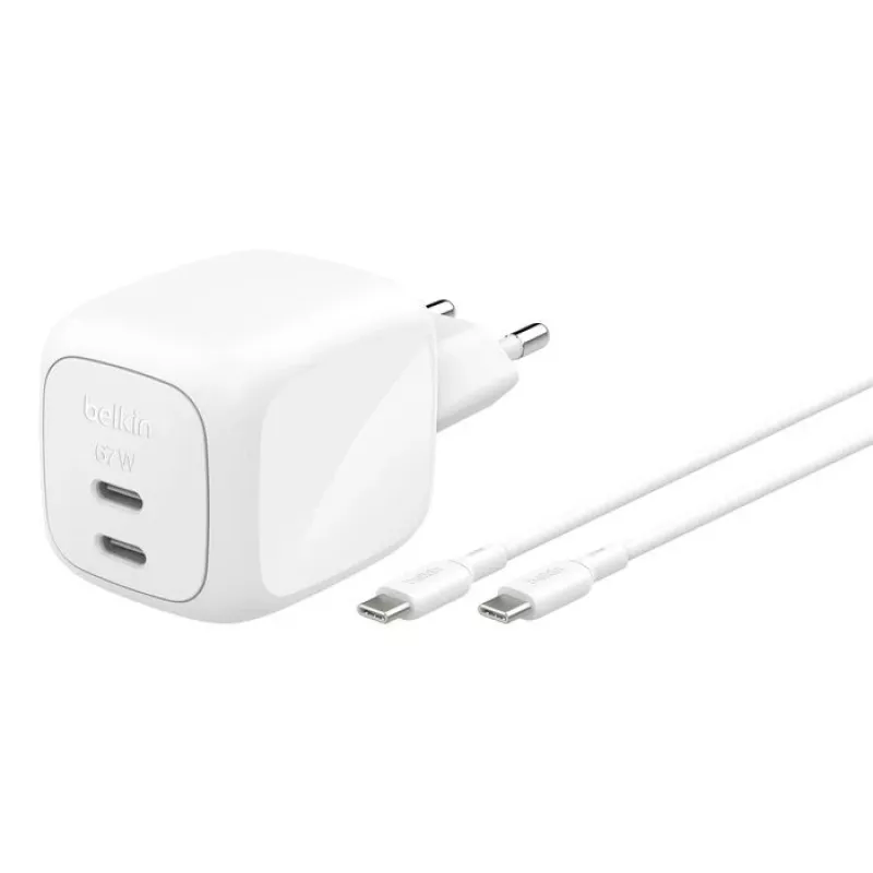 Sisene vahelduvvoolu kiirlaadija Belkin WCH020KQ2MWH-B6 — 2x USB‑C, 2 m sisseehitatud kaabel, valge