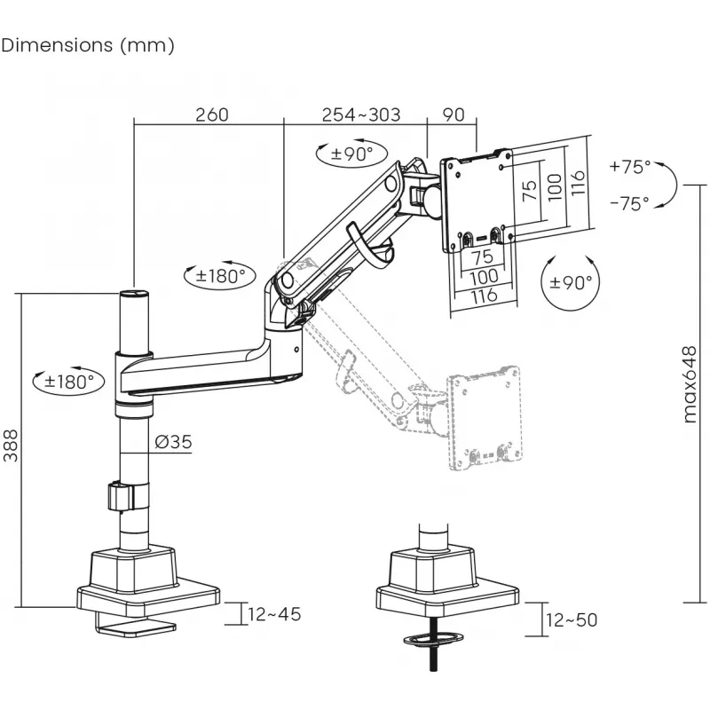 Monitor mount DIGITUS Single, clamp, 57 inch max, 27 kg capacity, VESA 75x75–100x100, Valge