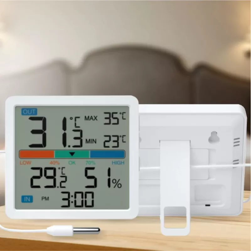 Termomeeter‑hügromeeter MANTA MTO002W välisanduriga (150 cm), siseruumides 0–+50°C, välistingimustes -40–+70°C, õhuniiskus 20–95% RH, mugavusindikaator, kell