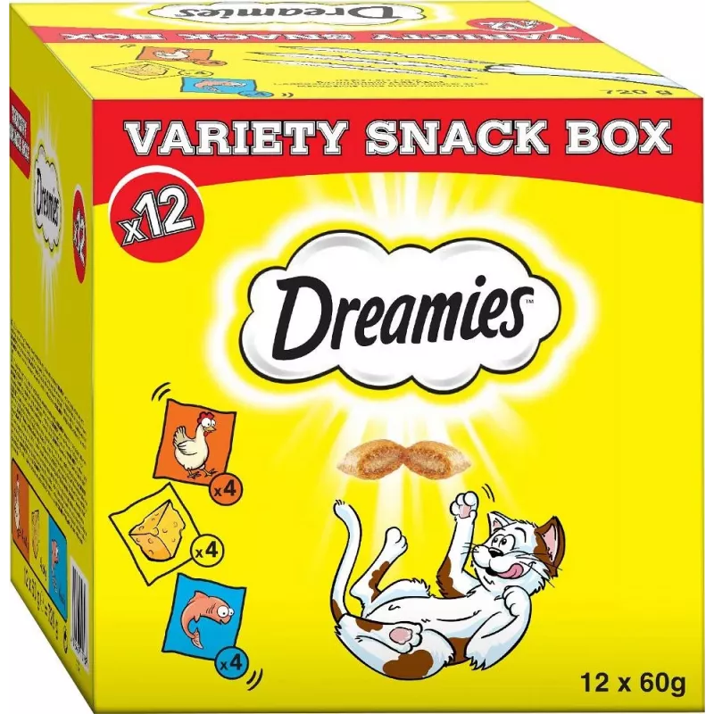 Kassimaiused Dreamies Juust, Kana, Lõhe assortii 12×60 g — lihased tahked snäkid, Valk 31%, Rasv 21%