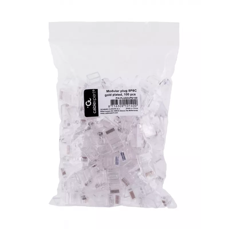 RJ45-pistik GEMBIRD PLUG3UP6/100, Cat5, sirge isane, läbipaistev, kullatud kontaktid, pakis 100