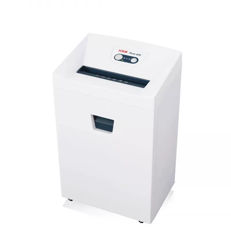 Purustaja HSM Pure 420 — osaklõikus P-4, 24 cm töölaius, 15-leheline mahutavus, 35 L prügikast, valge