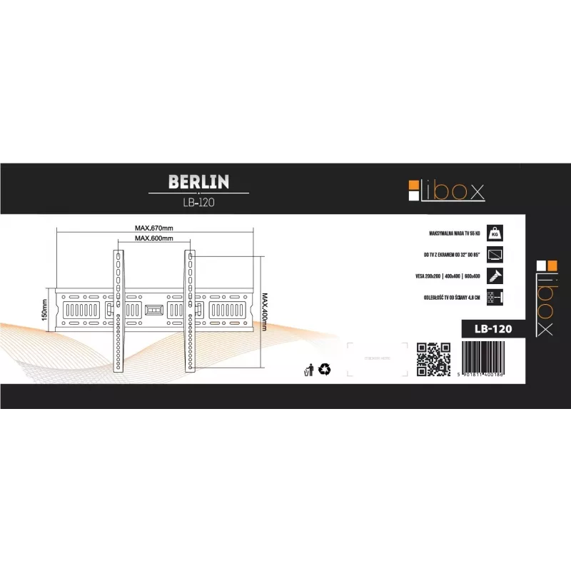 Seinale kinnitatav telerikinnitus LIBOX LB-120 32–85-tollistele (81,3 cm–2,16 m), kuni 55 kg, VESA 200x200–600x400, kallutatav, terasest, must