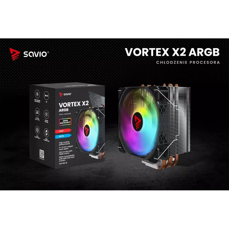 Protsessori õhkjahuti SAVIO SAVGCOVORTEXX2ARGB 4 soojustoruga, 120 mm ARGB-ventilaator, must