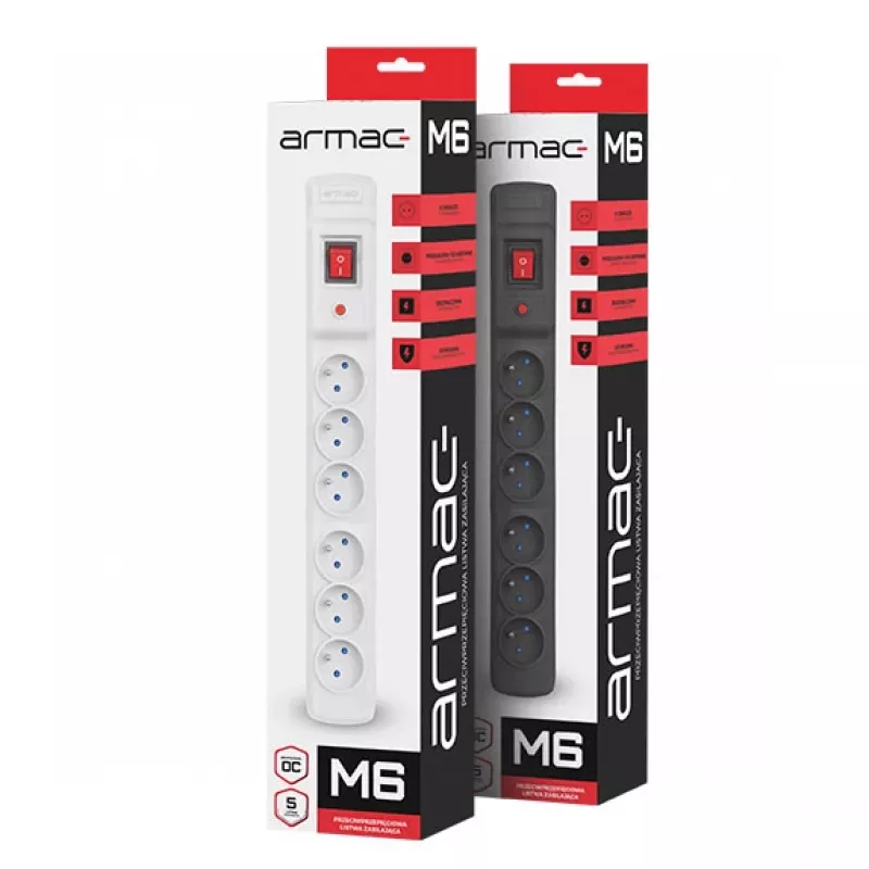 Pikendusjuhe ARMAC M6 — 6 pistikupesa, 1,5 m kaabel, must