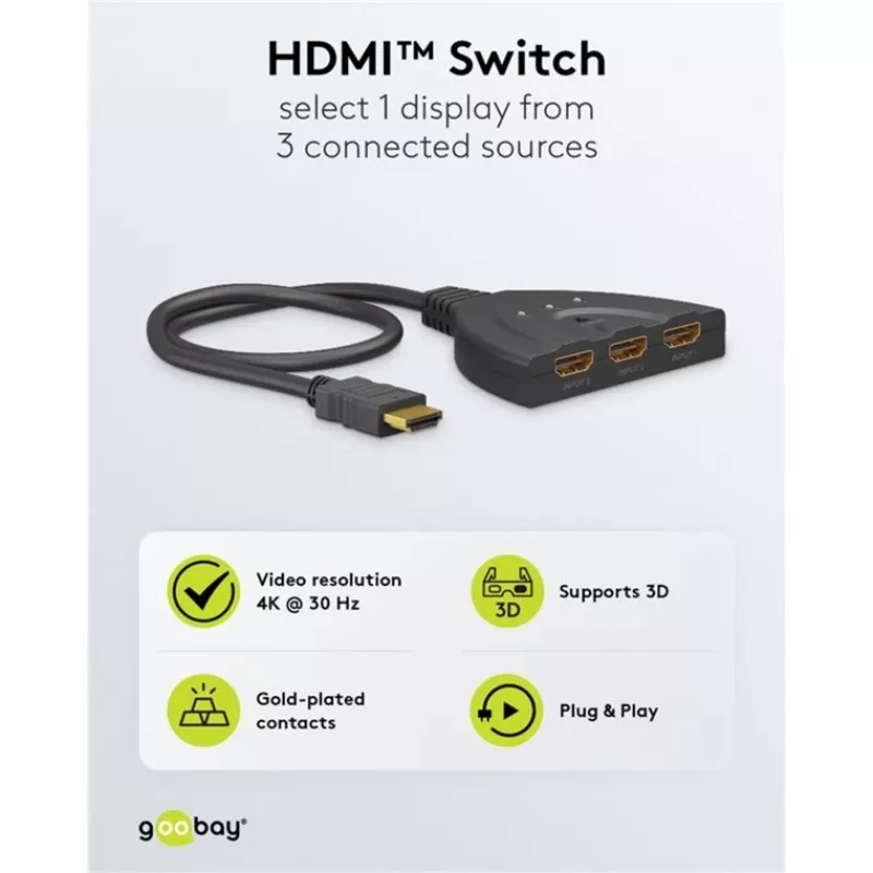 Goobay | 4K@30Hz HDMI-lüliti 3-1 | 58487 | Must | HDMI-emane | 3 HDMI-emast | 0.58 m