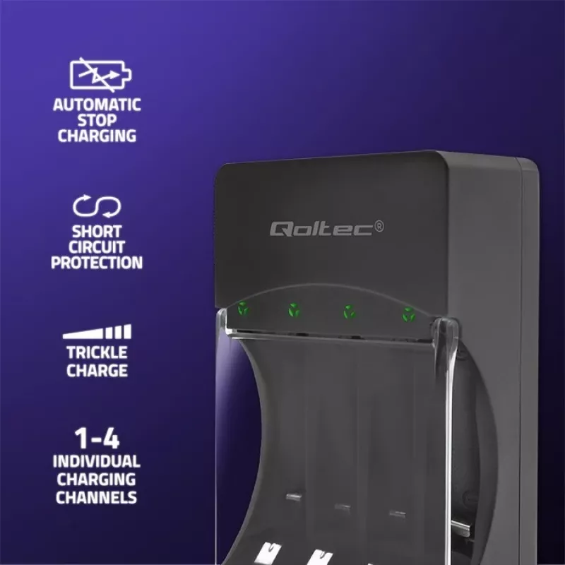 Akulaadija QOLTEC 50653 Ni‑MH AAA (R03) ja AA (R6) akudele, 220–240 V sisend, 1,2 V väljund