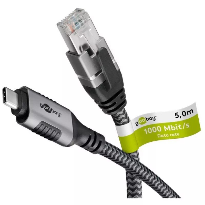 Ethernet-kaabel USB-C 3.2 Gen2 pesa > RJ-45 pistik (must/hõbedane, 5 meetrit, punutud tekstiilümbris)