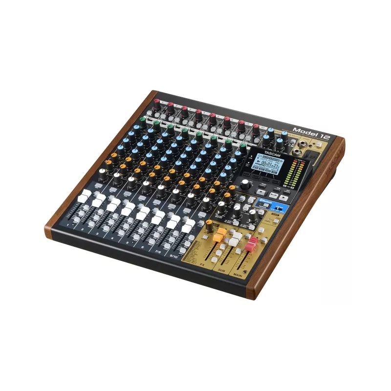 Mikser Tascam Model 12 — 12‑kanaliline analoog-/digitaalmikser, 24‑bitine, 48 kHz, USB‑C, SD-kaart, Bluetooth 5.0