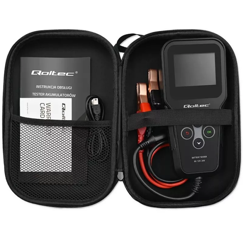 Qoltec 52489 Digitaalne aku analüsaator tester 3-in-1 LCD-ekraani ja mitmekeelse liidesega 6V | 12V | 24V | 30Ah-200Ah