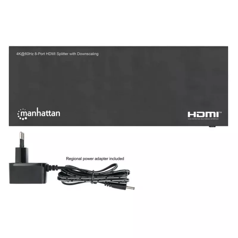 Manhattan 4K@60Hz 8-pordiline HDMI-jaotur skaleerimise vähendamisega, jaotab ühe HDMI-sisendi kaheksale HDMI-väljundile (1x8), 18G, EDID-lüliti skaleerimise vähendamiseks, must
