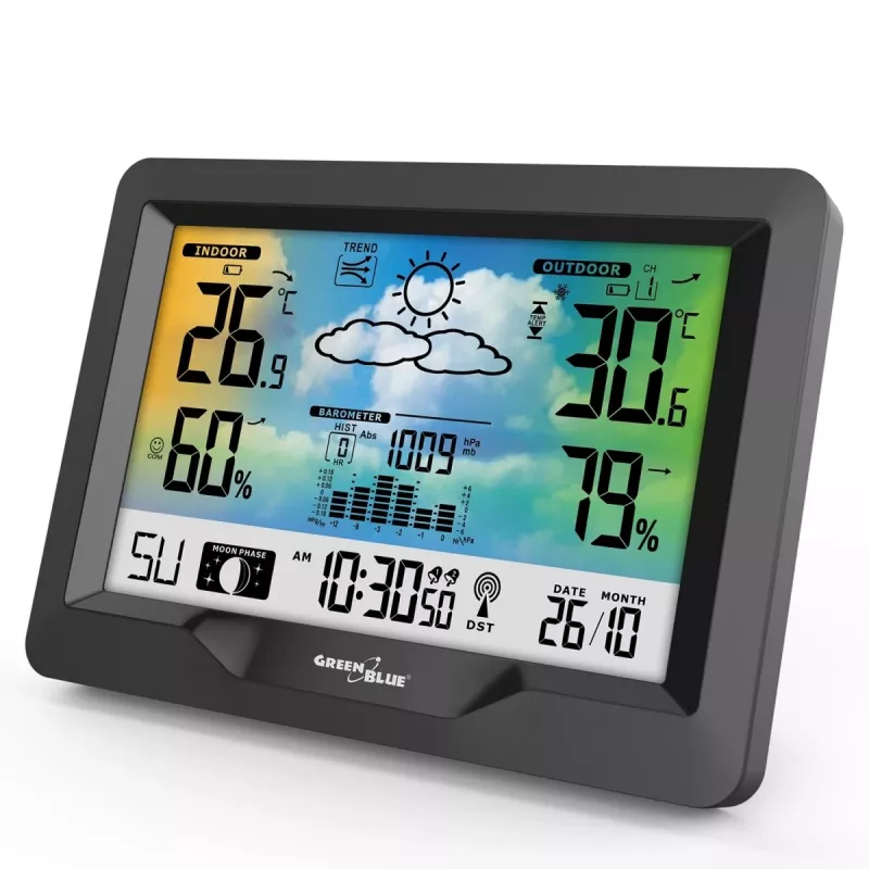 Hygrometer Thermometer GreenBlue GB540 — indoor 0–50°C / outdoor -20–65°C, DCF kell, väliandur 60 m, must