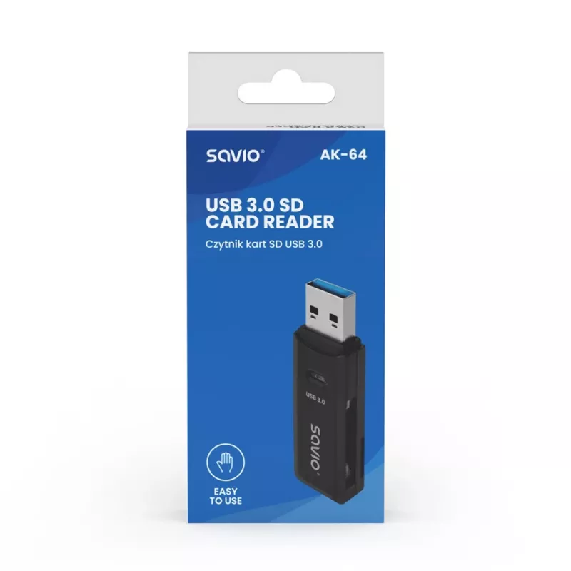 Kaardilugeja SAVIO AK-64 USB 3.2 Gen 1 Type-A väljund, MicroSD pesa, 5000 Mbit/s, must