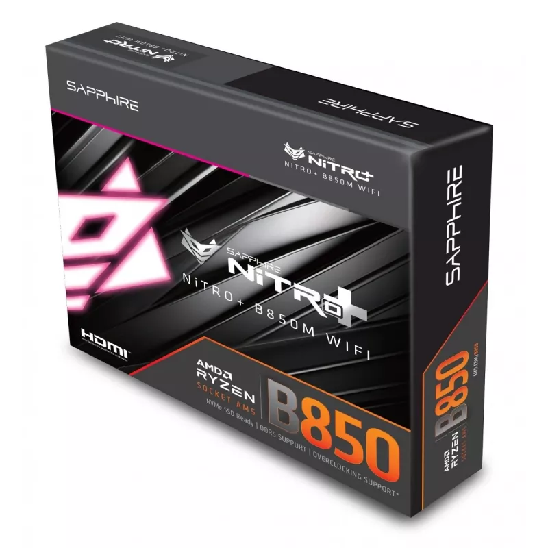 Emaplaat Sapphire NITRO+ B850M WIFI — AMD B850, Socket AM5, micro ATX, DDR5, 4x DIMM, Wi‑Fi 6, 2.5Gb LAN, 2x M.2