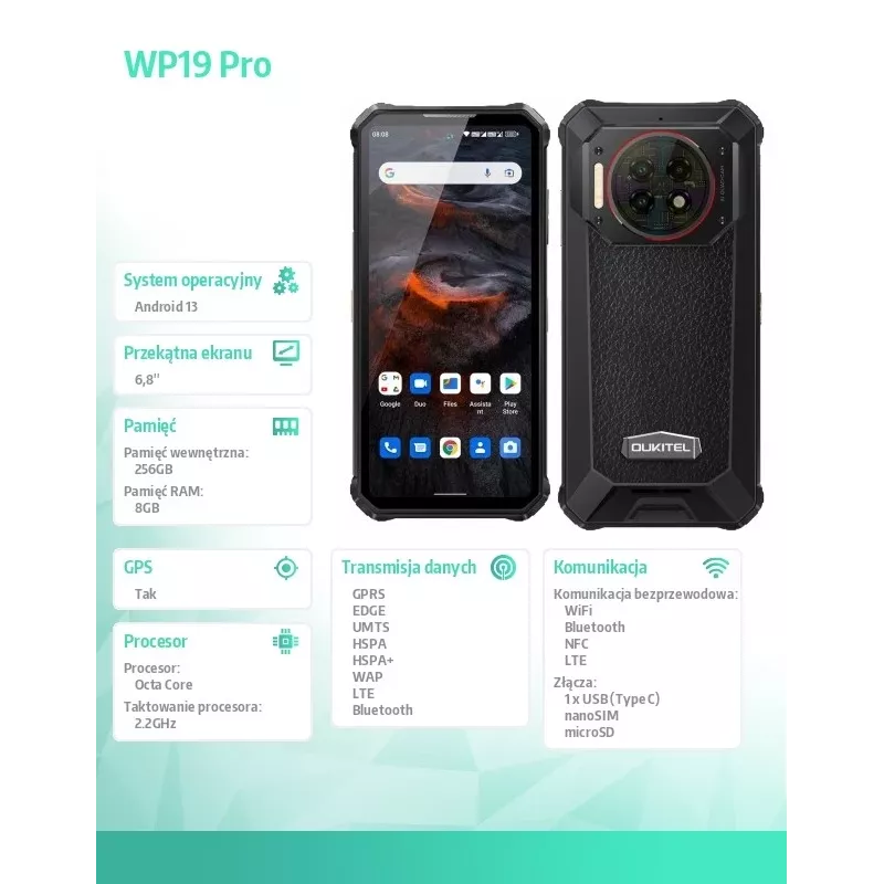 Nutitelefon Oukitel WP19 Pro 6,78 tolli 8 GB/256 GB must