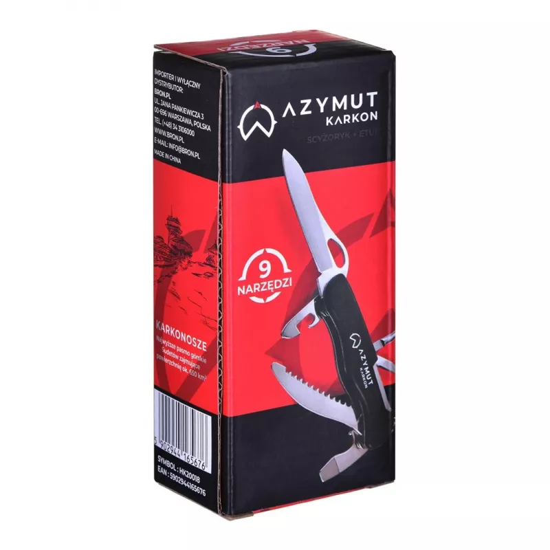 Taskunuga AZYMUT HK20018 — täissuuruses mitmeotstarbeline tööriist, 9 tööriista, 420J2/3CR13 roostevaba teras, kokkupanduna 11 cm, 146 g, nahkümbris, võtmerõngas