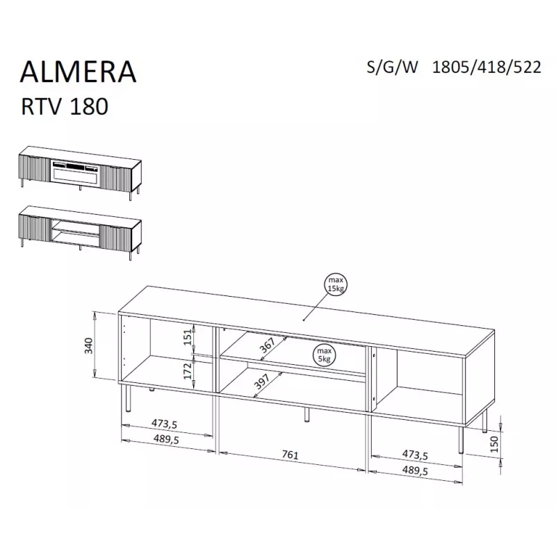 TV-kapp Cama Meble ALMERA 180,5×42×52,5 cm pähkel/kašmiir musta kaminaga