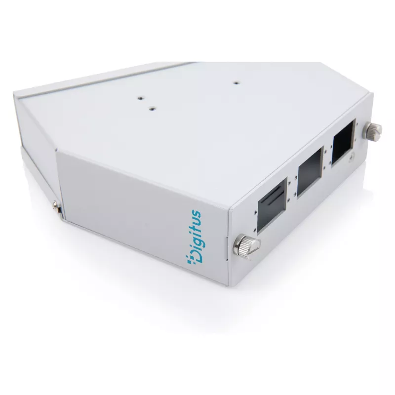 DIN-liistule paigaldatav kiudoptiline jätkujaotur DIGITUS DN-96893 — nurga all, 6 SC DX / LC Quad, alumiinium, hall