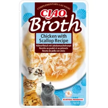 Märg kassimaius INABA Ciao Broth Chicken & Scallop 40 g kotike, vedel lihane kotike, 88% niiskus, 9,4% valku