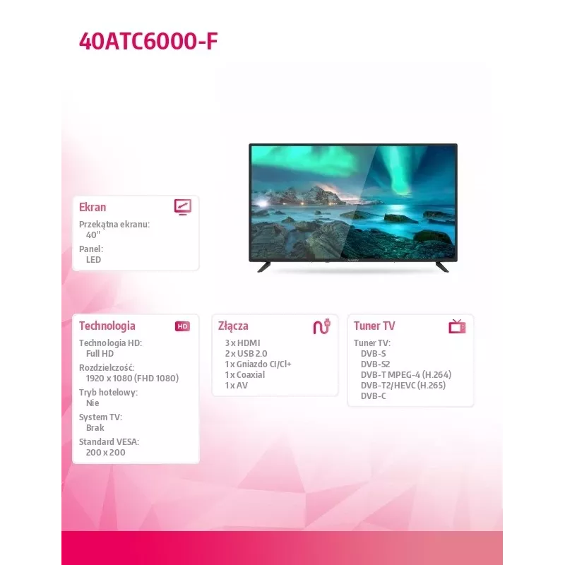 Allview 40ATC6000-F 40 (101 cm) Full HD teler Allview 40ATC6000-F 40 (101 cm) N/A FHD 1920 x 1080 DVB-C, DVB-T/T2, DVB-S/S2 Must