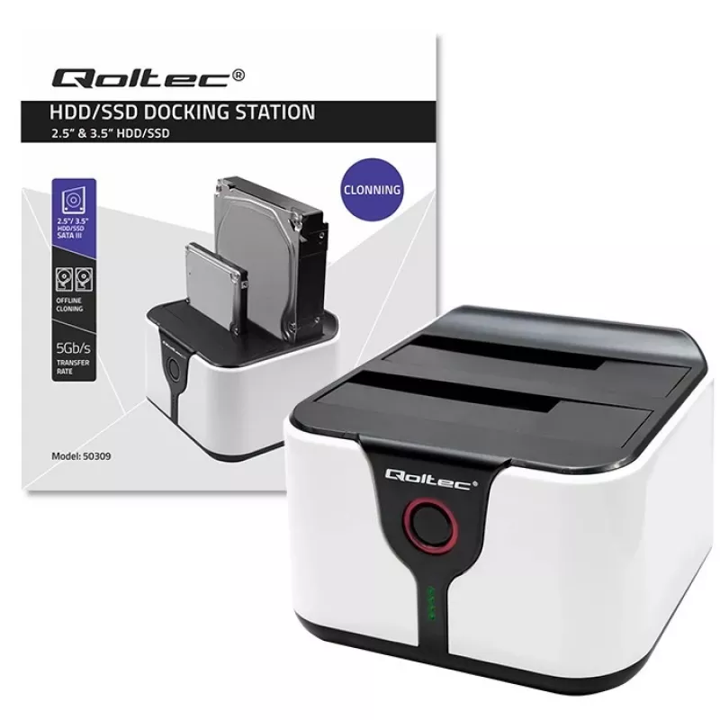 Qoltec 50309 HDD SSD 2.5 3.5 dokkimisjaam | SATA III | USB 3.0 | Superkiirus 5Gb/s | Kloonimisfunktsiooniga