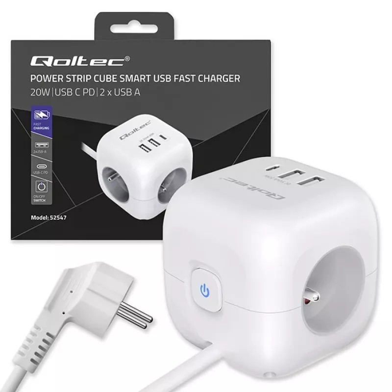 Toitepistik QOLTEC 52547 3× vahelduvvoolupistikupesa, 2× USB-A, 1× USB-C PD 20W