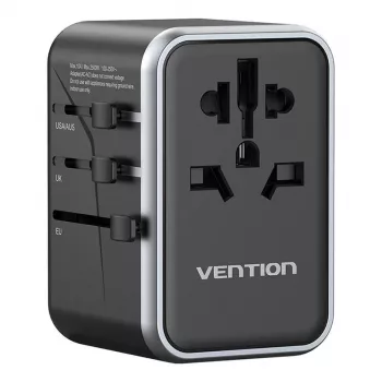 Vention reisiadapter FJFB0 65W — 2× USB-C PD/PPS, 2× USB-A (QC/BC), HDMI väljund, alumiinium/must