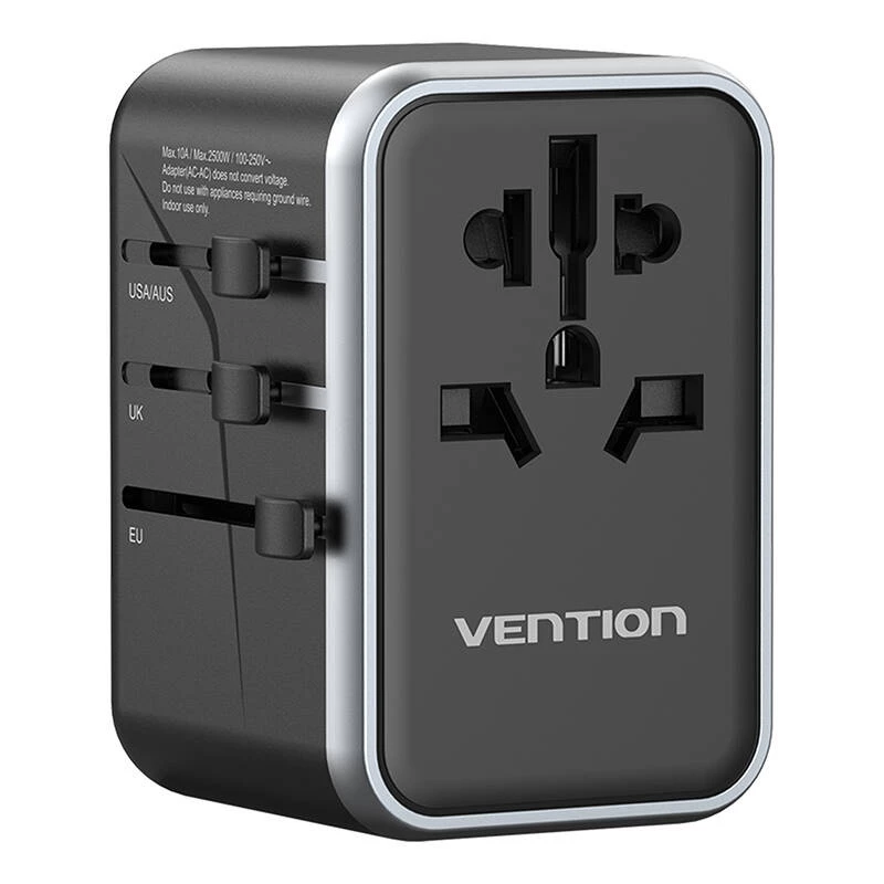 Vention reisiadapter FJFB0 65W — 2× USB-C PD/PPS, 2× USB-A (QC/BC), HDMI väljund, alumiinium/must