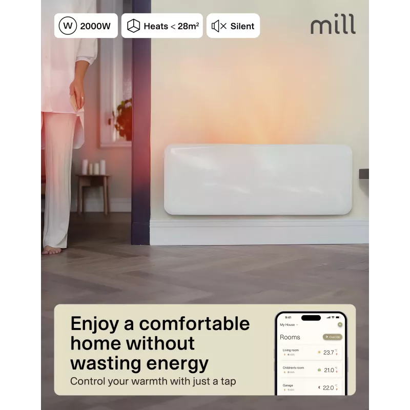 Mill Invisible Smart WiFi Heater | PA2000WIFI4 | Paneelküttekeha | 2000 W | Sobib ruumidesse kuni 24–28 m² | Valge | IPX4