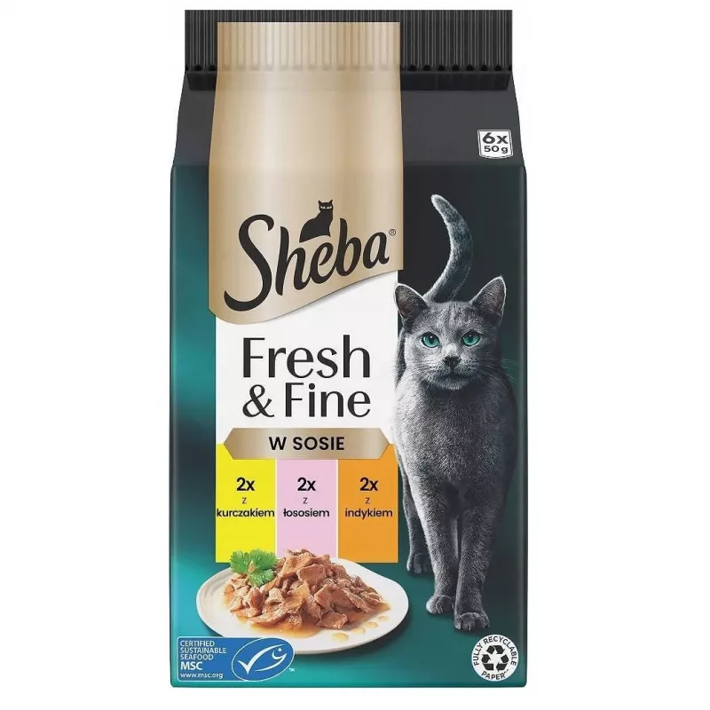 Sheba Mini Fish Dishes in Sauce Fresh & Fine 6 x 50 g – märgtoit, 6x50 g kotikest, 84% niiskust, 7,9% valku