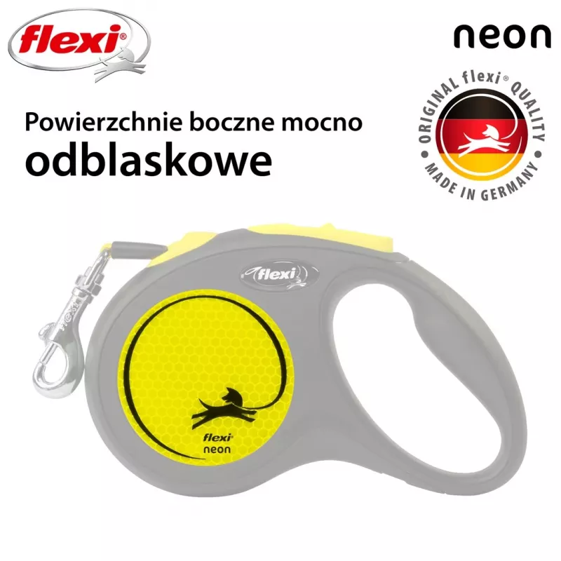 Sissetõmmatav rihm Flexi New NEON 5 m – lindirihm, väikestele koertele kuni 15 kg, must/kollane