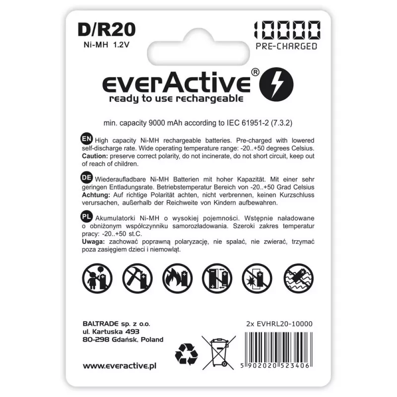 Korduvkasutatav aku everActive EVHRL20-10000 D NiMH 1,2 V 2 tk