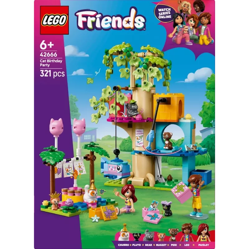 Ehitusmänguasi LEGO Friends 42666 Kassi sünnipäevapidu puumaja mängukomplekt, 321 tk, 6+ a, 180×160×100 mm