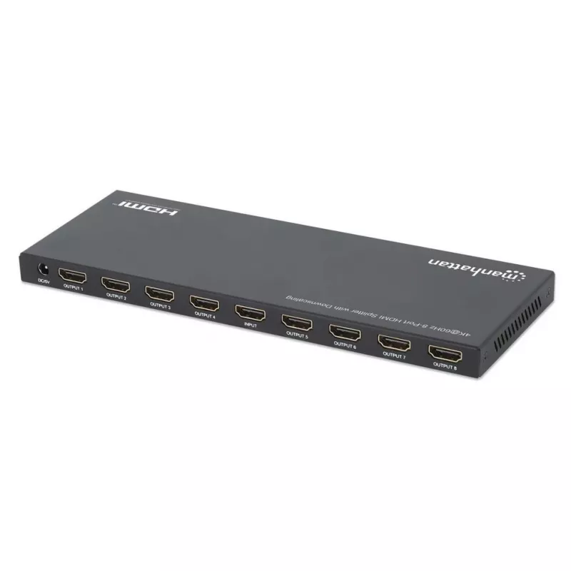 Manhattan 4K@60Hz 8-pordiline HDMI-jaotur skaleerimise vähendamisega, jaotab ühe HDMI-sisendi kaheksale HDMI-väljundile (1x8), 18G, EDID-lüliti skaleerimise vähendamiseks, must