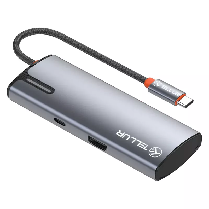 USB-C hubi Tellur TLL321061 koos PD 3.0 100W, HDMI väljundi ja 3× USB 3.0 pordiga
