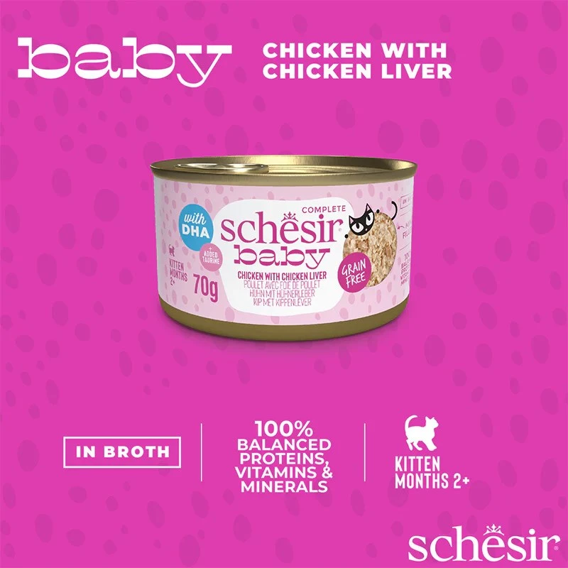 Märg kassitoit Agras Pet Foods Schesir Baby in Brühe 70 g — kana, teravaba, noortele kassidele