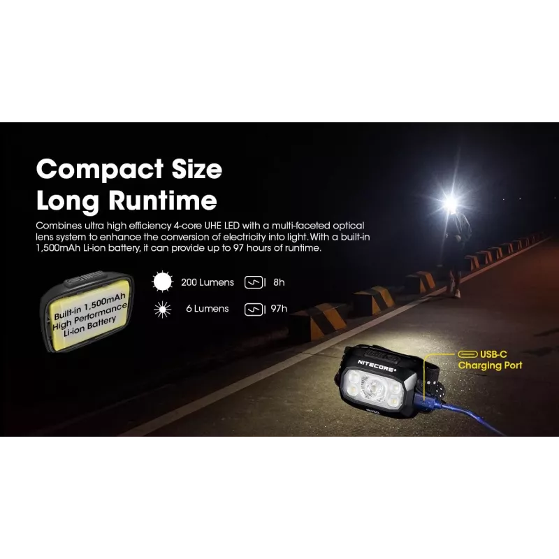 Pealamp Nitecore NU30 — kompaktne kantav LED-pealamp, kuni 500 luumenit, mitu väljundtaset, punase valguse režiim