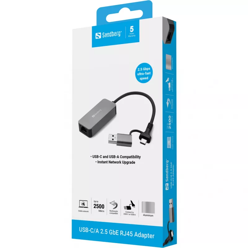 USB-C/A-adapter SANDBERG 136-68 koos 2.5 GbE RJ45 Ethernet-pordiga