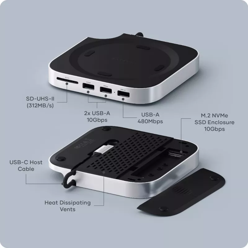 Satechi sülearvuti dokk/pordireplikaator ST-GNMMES — juhtmega USB 3.2 Gen 2 USB-C jaotur, USB-A ja SD, hõbedane