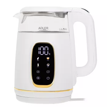 Elektriline veekeetja Adler AD 1305WG — 1,7 l, 2200 W, klaas/plast, valge/kuldne/läbipaistev
