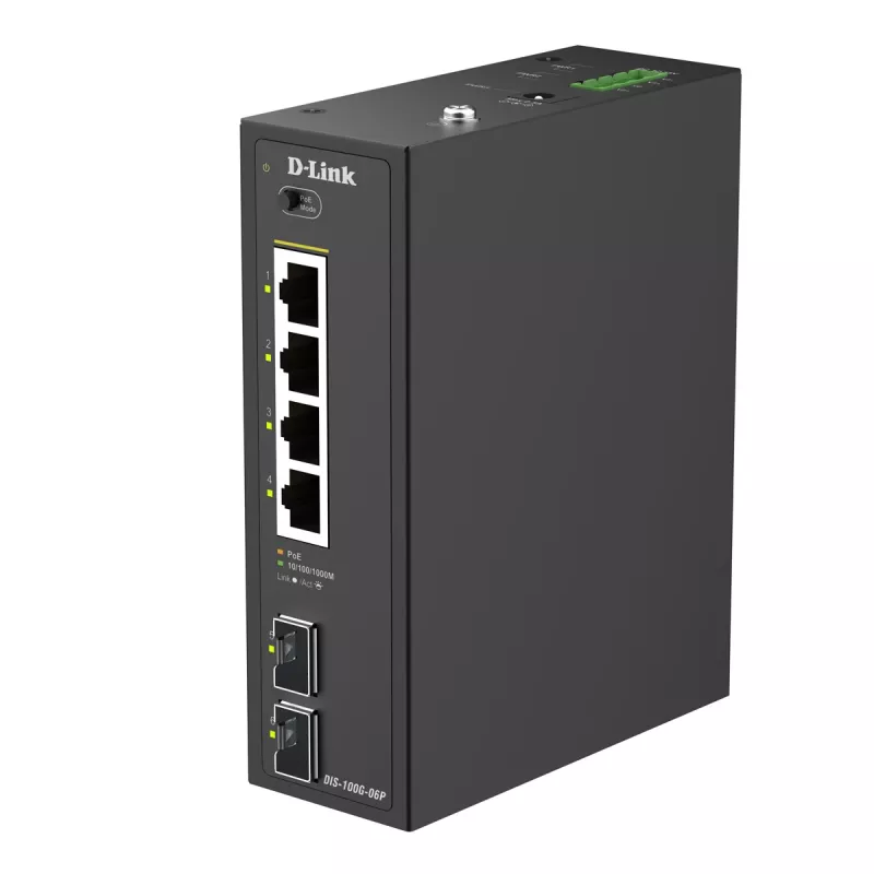 D-Link 6-pordiline gigabit-tööstuslik PoE+ haldamata kommutaator 2 SFP-pordiga